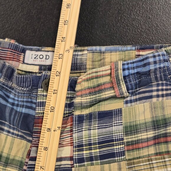 2000s Y2K Izod Mens Patchwork Madras Plaid Cotton Shorts Size 36 Multicolor Casu - Picture 6 of 10